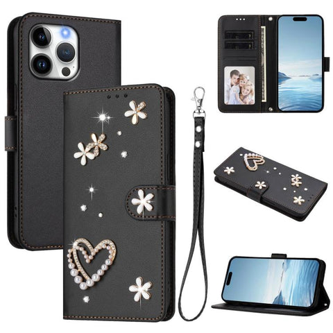 ZS01 Double-Layer Heart Floral Vegan Leather Phone Case with Wrist Strap, For iPhone 18 Pro / 17 Pro, For iPhone 18 Pro Max / 17 Pro Max, For iPhone 17e / 16e, For iPhone 17, For iPhone Air, For iPhone 16 Pro Max