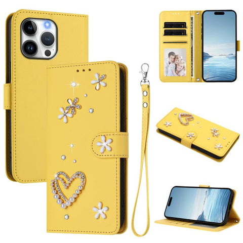 ZS01 Double-Layer Heart Floral Vegan Leather Phone Case with Wrist Strap, For iPhone 18 Pro / 17 Pro, For iPhone 18 Pro Max / 17 Pro Max, For iPhone 17e / 16e, For iPhone 17, For iPhone Air, For iPhone 16 Pro Max