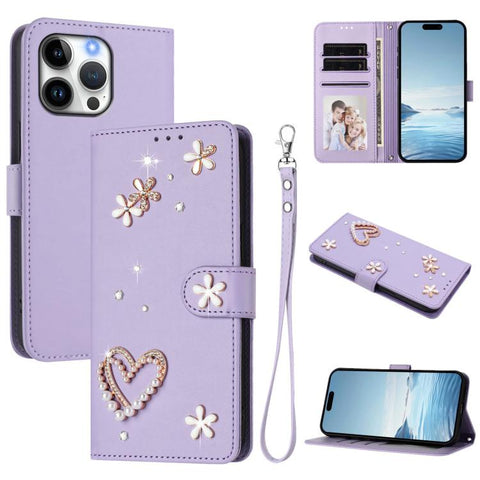 ZS01 Double-Layer Heart Floral Vegan Leather Phone Case with Wrist Strap, For iPhone 18 Pro / 17 Pro, For iPhone 18 Pro Max / 17 Pro Max, For iPhone 17e / 16e, For iPhone 17, For iPhone Air, For iPhone 16 Pro Max