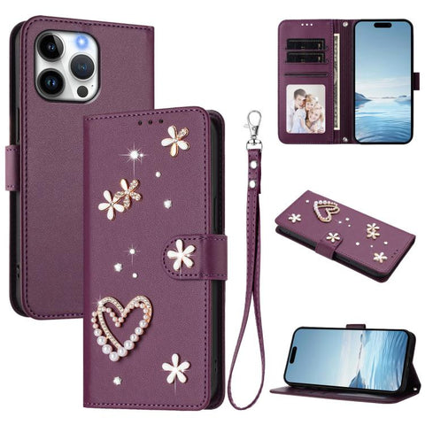 ZS01 Double-Layer Heart Floral Vegan Leather Phone Case with Wrist Strap, For iPhone 18 Pro / 17 Pro, For iPhone 18 Pro Max / 17 Pro Max, For iPhone 17e / 16e, For iPhone 17, For iPhone Air, For iPhone 16 Pro Max
