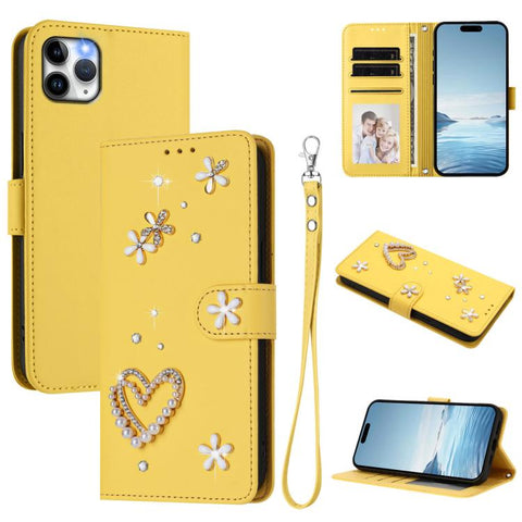 ZS01 Double-Layer Heart Floral Vegan Leather Phone Case with Wrist Strap, For iPhone 13 Pro, For iPhone 12 / 12 Pro, For iPhone 12 Pro Max, For iPhone 11 Pro Max, For iPhone 11, For iPhone 11 Pro