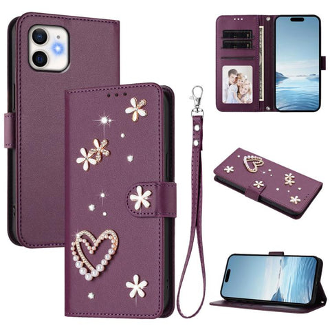 ZS01 Double-Layer Heart Floral Vegan Leather Phone Case with Wrist Strap, For iPhone 13 Pro, For iPhone 12 / 12 Pro, For iPhone 12 Pro Max, For iPhone 11 Pro Max, For iPhone 11, For iPhone 11 Pro
