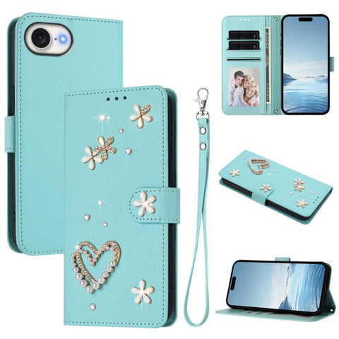 ZS01 Double-Layer Heart Floral Vegan Leather Phone Case with Wrist Strap, For iPhone 18 Pro / 17 Pro, For iPhone 18 Pro Max / 17 Pro Max, For iPhone 17e / 16e, For iPhone 17, For iPhone Air, For iPhone 16 Pro Max