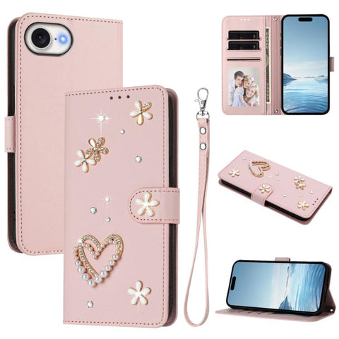 ZS01 Double-Layer Heart Floral Vegan Leather Phone Case with Wrist Strap, For iPhone 18 Pro / 17 Pro, For iPhone 18 Pro Max / 17 Pro Max, For iPhone 17e / 16e, For iPhone 17, For iPhone Air, For iPhone 16 Pro Max