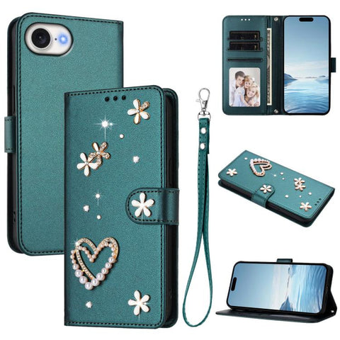 ZS01 Double-Layer Heart Floral Vegan Leather Phone Case with Wrist Strap, For iPhone 18 Pro / 17 Pro, For iPhone 18 Pro Max / 17 Pro Max, For iPhone 17e / 16e, For iPhone 17, For iPhone Air, For iPhone 16 Pro Max