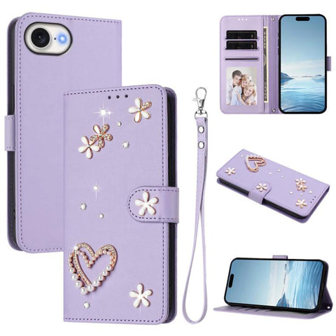 ZS01 Double-Layer Heart Floral Vegan Leather Phone Case with Wrist Strap, For iPhone 18 Pro / 17 Pro, For iPhone 18 Pro Max / 17 Pro Max, For iPhone 17e / 16e, For iPhone 17, For iPhone Air, For iPhone 16 Pro Max