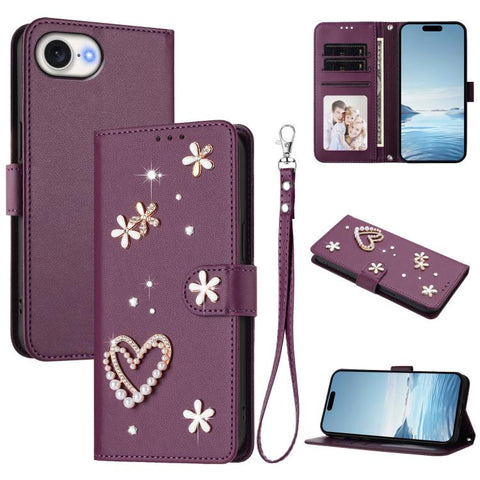ZS01 Double-Layer Heart Floral Vegan Leather Phone Case with Wrist Strap, For iPhone 18 Pro / 17 Pro, For iPhone 18 Pro Max / 17 Pro Max, For iPhone 17e / 16e, For iPhone 17, For iPhone Air, For iPhone 16 Pro Max