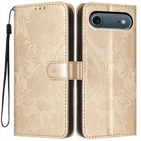 Sunflower Embossed Vegan Leather Phone Case with Small Black Rope, For iPhone 18 Pro, For iPhone 18 Pro Max, For iPhone 16e / 17e, For iPhone 17 Pro Max, For iPhone 17 Pro, For iPhone 17, For iPhone Air, For iPhone 16 Pro Max