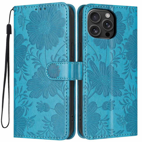 Sunflower Embossed Vegan Leather Phone Case with Small Black Rope, For iPhone 18 Pro, For iPhone 18 Pro Max, For iPhone 16e / 17e, For iPhone 17 Pro Max, For iPhone 17 Pro, For iPhone 17, For iPhone Air, For iPhone 16 Pro Max