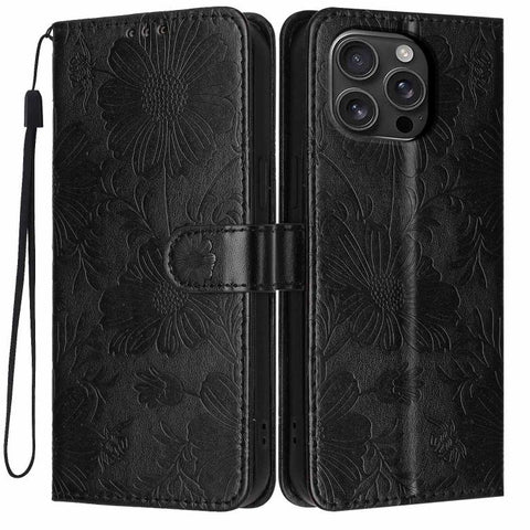 Sunflower Embossed Vegan Leather Phone Case with Small Black Rope, For iPhone 18 Pro, For iPhone 18 Pro Max, For iPhone 16e / 17e, For iPhone 17 Pro Max, For iPhone 17 Pro, For iPhone 17, For iPhone Air, For iPhone 16 Pro Max