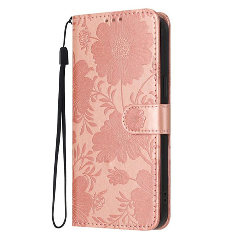Sunflower Embossed Vegan Leather Phone Case with Small Black Rope, For iPhone 16 Pro, For iPhone 16 Plus, For iPhone 16, For iPhone 15 Pro Max, For iPhone 15 Pro, For iPhone 15 Plus, For iPhone 15, For iPhone 14 Plus