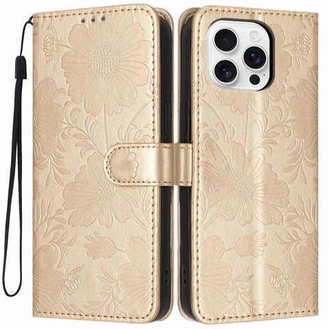 Sunflower Embossed Vegan Leather Phone Case with Small Black Rope, For iPhone 16 Pro, For iPhone 16 Plus, For iPhone 16, For iPhone 15 Pro Max, For iPhone 15 Pro, For iPhone 15 Plus, For iPhone 15, For iPhone 14 Plus