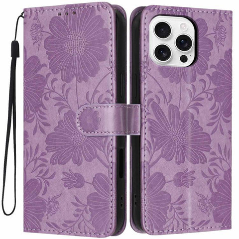 Sunflower Embossed Vegan Leather Phone Case with Small Black Rope, For iPhone 16 Pro, For iPhone 16 Plus, For iPhone 16, For iPhone 15 Pro Max, For iPhone 15 Pro, For iPhone 15 Plus, For iPhone 15, For iPhone 14 Plus