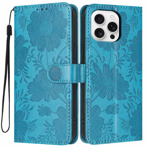 Sunflower Embossed Vegan Leather Phone Case with Small Black Rope, For iPhone 16 Pro, For iPhone 16 Plus, For iPhone 16, For iPhone 15 Pro Max, For iPhone 15 Pro, For iPhone 15 Plus, For iPhone 15, For iPhone 14 Plus
