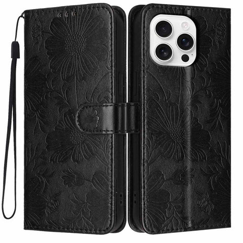 Sunflower Embossed Vegan Leather Phone Case with Small Black Rope, For iPhone 16 Pro, For iPhone 16 Plus, For iPhone 16, For iPhone 15 Pro Max, For iPhone 15 Pro, For iPhone 15 Plus, For iPhone 15, For iPhone 14 Plus