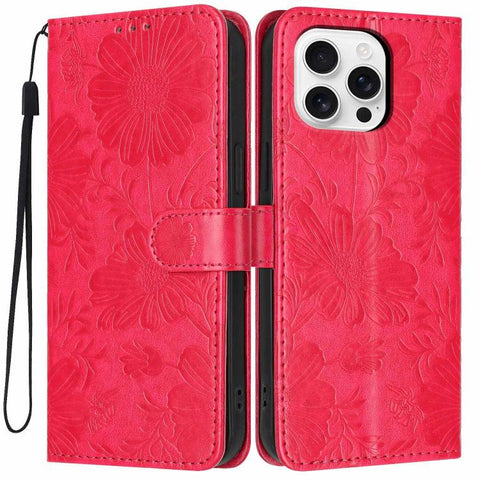 Sunflower Embossed Vegan Leather Phone Case with Small Black Rope, For iPhone 16 Pro, For iPhone 16 Plus, For iPhone 16, For iPhone 15 Pro Max, For iPhone 15 Pro, For iPhone 15 Plus, For iPhone 15, For iPhone 14 Plus