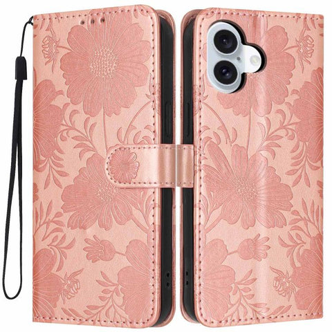 Sunflower Embossed Vegan Leather Phone Case with Small Black Rope, For iPhone 16 Pro, For iPhone 16 Plus, For iPhone 16, For iPhone 15 Pro Max, For iPhone 15 Pro, For iPhone 15 Plus, For iPhone 15, For iPhone 14 Plus