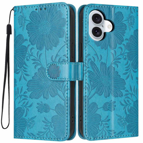 Sunflower Embossed Vegan Leather Phone Case with Small Black Rope, For iPhone 16 Pro, For iPhone 16 Plus, For iPhone 16, For iPhone 15 Pro Max, For iPhone 15 Pro, For iPhone 15 Plus, For iPhone 15, For iPhone 14 Plus
