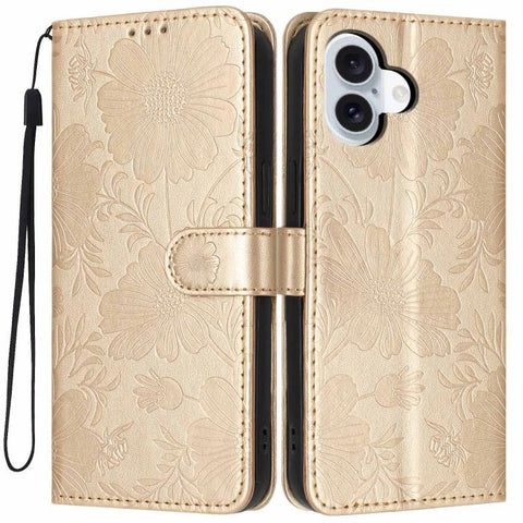 Sunflower Embossed Vegan Leather Phone Case with Small Black Rope, For iPhone 16 Pro, For iPhone 16 Plus, For iPhone 16, For iPhone 15 Pro Max, For iPhone 15 Pro, For iPhone 15 Plus, For iPhone 15, For iPhone 14 Plus