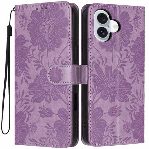 Sunflower Embossed Vegan Leather Phone Case with Small Black Rope, For iPhone 16 Pro, For iPhone 16 Plus, For iPhone 16, For iPhone 15 Pro Max, For iPhone 15 Pro, For iPhone 15 Plus, For iPhone 15, For iPhone 14 Plus