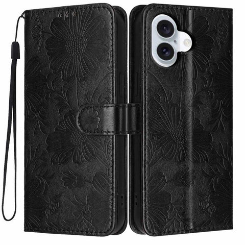 Sunflower Embossed Vegan Leather Phone Case with Small Black Rope, For iPhone 16 Pro, For iPhone 16 Plus, For iPhone 16, For iPhone 15 Pro Max, For iPhone 15 Pro, For iPhone 15 Plus, For iPhone 15, For iPhone 14 Plus