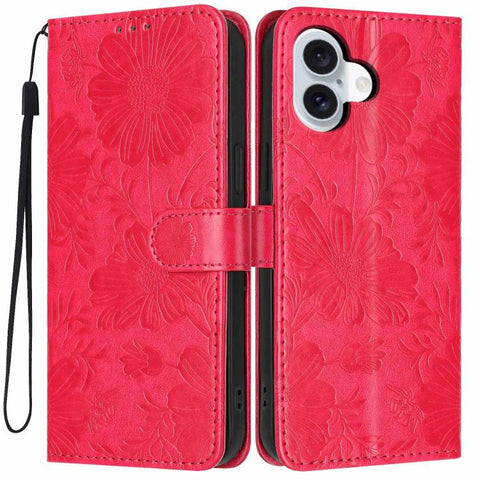 Sunflower Embossed Vegan Leather Phone Case with Small Black Rope, For iPhone 16 Pro, For iPhone 16 Plus, For iPhone 16, For iPhone 15 Pro Max, For iPhone 15 Pro, For iPhone 15 Plus, For iPhone 15, For iPhone 14 Plus
