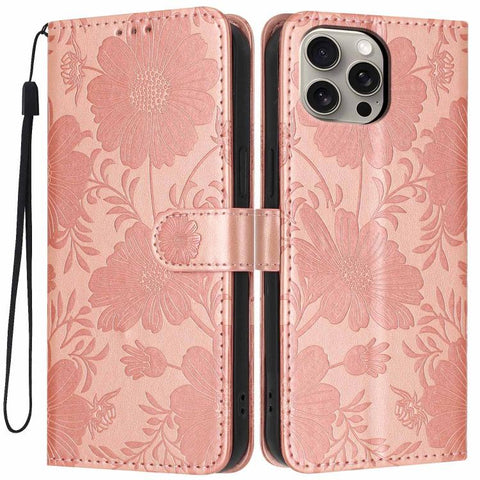 Sunflower Embossed Vegan Leather Phone Case with Small Black Rope, For iPhone 16 Pro, For iPhone 16 Plus, For iPhone 16, For iPhone 15 Pro Max, For iPhone 15 Pro, For iPhone 15 Plus, For iPhone 15, For iPhone 14 Plus