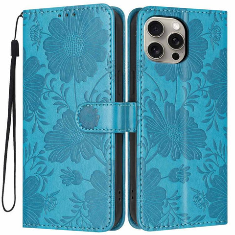 Sunflower Embossed Vegan Leather Phone Case with Small Black Rope, For iPhone 16 Pro, For iPhone 16 Plus, For iPhone 16, For iPhone 15 Pro Max, For iPhone 15 Pro, For iPhone 15 Plus, For iPhone 15, For iPhone 14 Plus