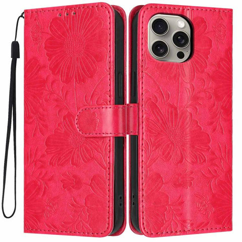 Sunflower Embossed Vegan Leather Phone Case with Small Black Rope, For iPhone 16 Pro, For iPhone 16 Plus, For iPhone 16, For iPhone 15 Pro Max, For iPhone 15 Pro, For iPhone 15 Plus, For iPhone 15, For iPhone 14 Plus