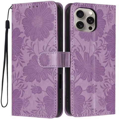 Sunflower Embossed Vegan Leather Phone Case with Small Black Rope, For iPhone 16 Pro, For iPhone 16 Plus, For iPhone 16, For iPhone 15 Pro Max, For iPhone 15 Pro, For iPhone 15 Plus, For iPhone 15, For iPhone 14 Plus