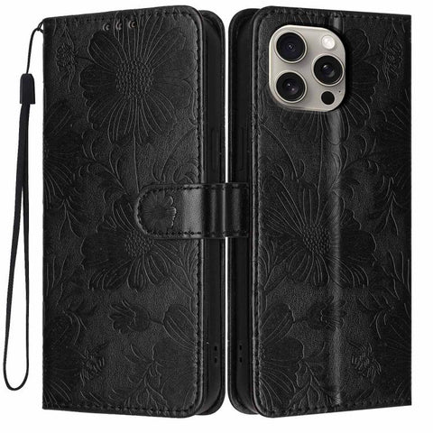 Sunflower Embossed Vegan Leather Phone Case with Small Black Rope, For iPhone 16 Pro, For iPhone 16 Plus, For iPhone 16, For iPhone 15 Pro Max, For iPhone 15 Pro, For iPhone 15 Plus, For iPhone 15, For iPhone 14 Plus