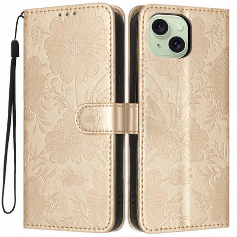 Sunflower Embossed Vegan Leather Phone Case with Small Black Rope, For iPhone 16 Pro, For iPhone 16 Plus, For iPhone 16, For iPhone 15 Pro Max, For iPhone 15 Pro, For iPhone 15 Plus, For iPhone 15, For iPhone 14 Plus