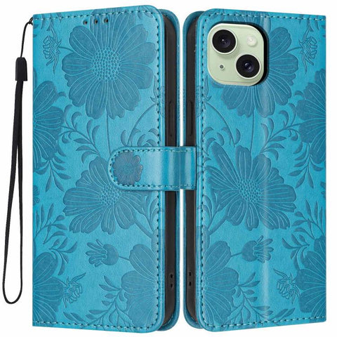 Sunflower Embossed Vegan Leather Phone Case with Small Black Rope, For iPhone 16 Pro, For iPhone 16 Plus, For iPhone 16, For iPhone 15 Pro Max, For iPhone 15 Pro, For iPhone 15 Plus, For iPhone 15, For iPhone 14 Plus