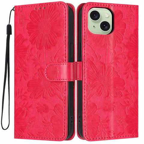 Sunflower Embossed Vegan Leather Phone Case with Small Black Rope, For iPhone 16 Pro, For iPhone 16 Plus, For iPhone 16, For iPhone 15 Pro Max, For iPhone 15 Pro, For iPhone 15 Plus, For iPhone 15, For iPhone 14 Plus
