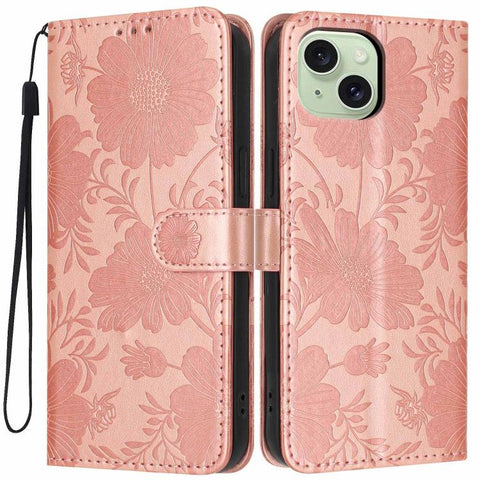Sunflower Embossed Vegan Leather Phone Case with Small Black Rope, For iPhone 16 Pro, For iPhone 16 Plus, For iPhone 16, For iPhone 15 Pro Max, For iPhone 15 Pro, For iPhone 15 Plus, For iPhone 15, For iPhone 14 Plus