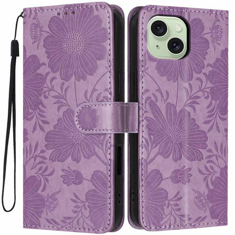 Sunflower Embossed Vegan Leather Phone Case with Small Black Rope, For iPhone 16 Pro, For iPhone 16 Plus, For iPhone 16, For iPhone 15 Pro Max, For iPhone 15 Pro, For iPhone 15 Plus, For iPhone 15, For iPhone 14 Plus