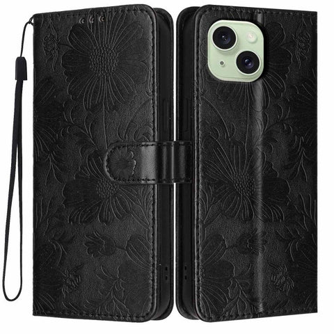 Sunflower Embossed Vegan Leather Phone Case with Small Black Rope, For iPhone 16 Pro, For iPhone 16 Plus, For iPhone 16, For iPhone 15 Pro Max, For iPhone 15 Pro, For iPhone 15 Plus, For iPhone 15, For iPhone 14 Plus