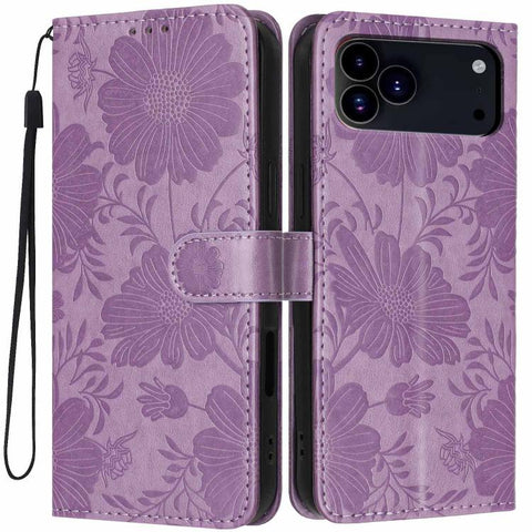 Sunflower Embossed Vegan Leather Phone Case with Small Black Rope, For iPhone 18 Pro, For iPhone 18 Pro Max, For iPhone 16e / 17e, For iPhone 17 Pro Max, For iPhone 17 Pro, For iPhone 17, For iPhone Air, For iPhone 16 Pro Max