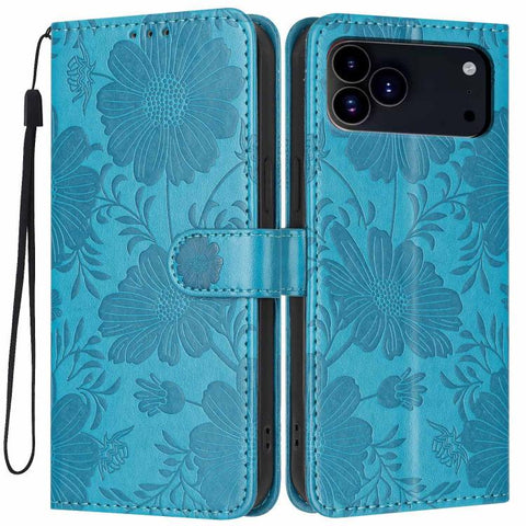 Sunflower Embossed Vegan Leather Phone Case with Small Black Rope, For iPhone 18 Pro, For iPhone 18 Pro Max, For iPhone 16e / 17e, For iPhone 17 Pro Max, For iPhone 17 Pro, For iPhone 17, For iPhone Air, For iPhone 16 Pro Max