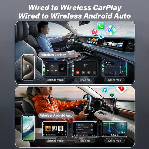 USB-A and USB-C / Type-C Dual Ports Wired to Wireless CarPlay / Android Auto Car Adapter