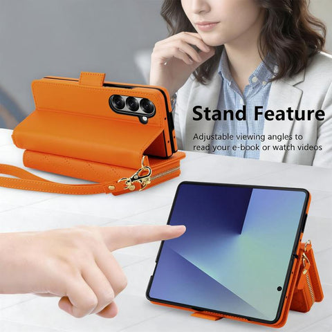 Crossbody Diamond Lattice Zipper Wallet RFID Vegan Leather Phone Case, For Samsung Galaxy Z Fold7 5G