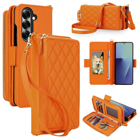 Crossbody Diamond Lattice Zipper Wallet RFID Vegan Leather Phone Case, For Samsung Galaxy Z Fold7 5G