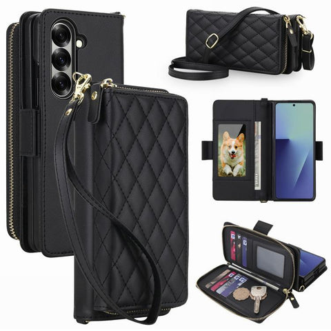 Crossbody Diamond Lattice Zipper Wallet RFID Vegan Leather Phone Case, For Samsung Galaxy Z Fold7 5G