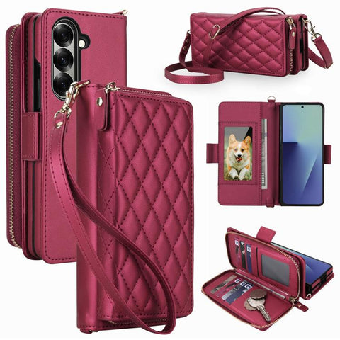 Crossbody Diamond Lattice Zipper Wallet RFID Vegan Leather Phone Case, For Samsung Galaxy Z Fold7 5G