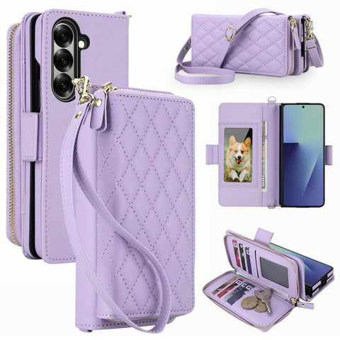 Crossbody Diamond Lattice Zipper Wallet RFID Vegan Leather Phone Case, For Samsung Galaxy Z Fold7 5G