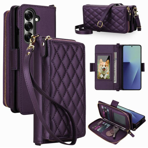 Crossbody Diamond Lattice Zipper Wallet RFID Vegan Leather Phone Case, For Samsung Galaxy Z Fold7 5G