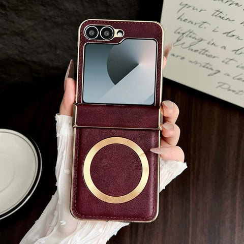 Electroplated Magnetic Cowhide Vegan Leather Back Phone Case, For Samsung Galaxy Z Flip7, For Samsung Galaxy Z Flip6, For Samsung Galaxy Z Flip5, For Samsung Galaxy Z Flip4, For Samsung Galaxy Z Flip3