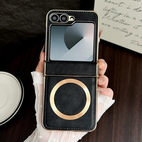 Electroplated Magnetic Cowhide Vegan Leather Back Phone Case, For Samsung Galaxy Z Flip7, For Samsung Galaxy Z Flip6, For Samsung Galaxy Z Flip5, For Samsung Galaxy Z Flip4, For Samsung Galaxy Z Flip3