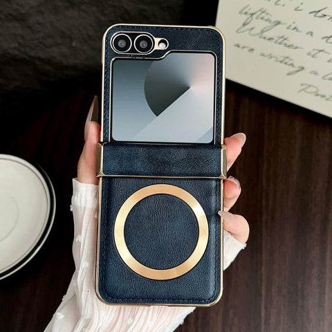Electroplated Magnetic Cowhide Vegan Leather Back Phone Case, For Samsung Galaxy Z Flip7, For Samsung Galaxy Z Flip6, For Samsung Galaxy Z Flip5, For Samsung Galaxy Z Flip4, For Samsung Galaxy Z Flip3
