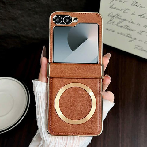 Electroplated Magnetic Cowhide Vegan Leather Back Phone Case, For Samsung Galaxy Z Flip7, For Samsung Galaxy Z Flip6, For Samsung Galaxy Z Flip5, For Samsung Galaxy Z Flip4, For Samsung Galaxy Z Flip3